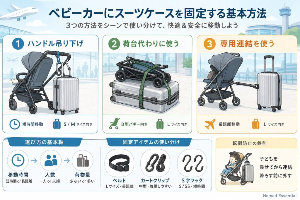 ベビーカーにスーツケースを固定する基本方法