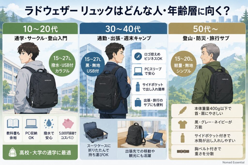 ラドウェザー リュックはどんな人・年齢層に向く？