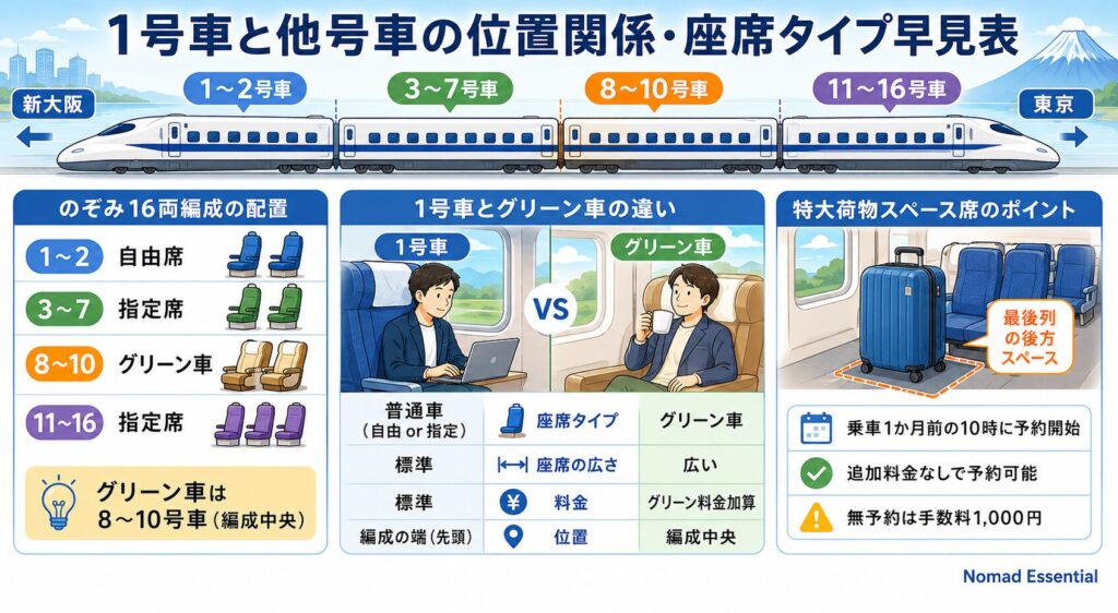 1号車と他号車の位置関係・座席タイプ早見表