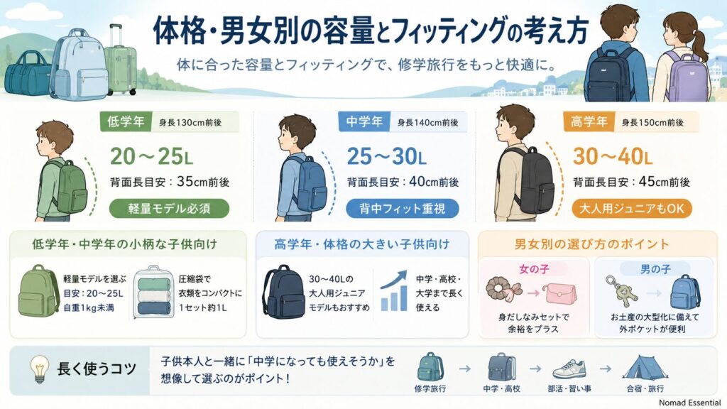 体格・男女別の容量とフィッティングの考え方
