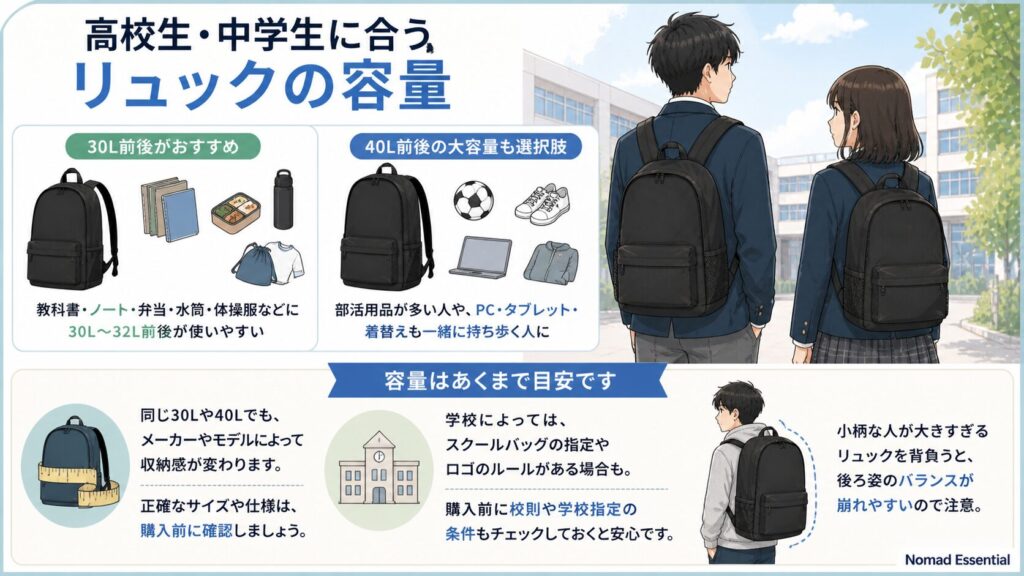 高校生や中学生に合う容量