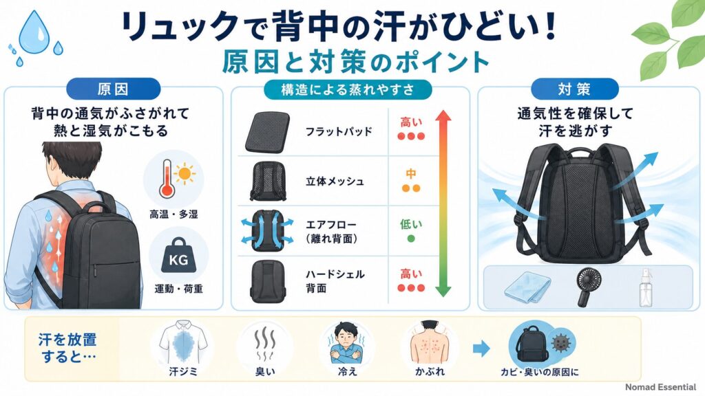 リュック背中で汗が増える原因と仕組み