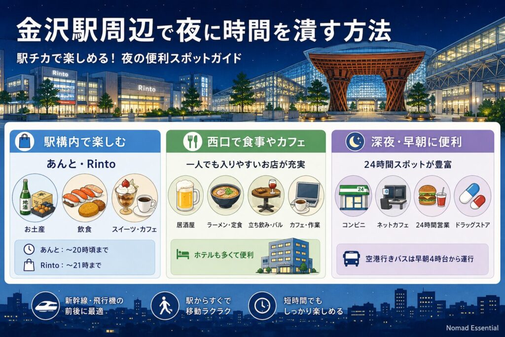 金沢駅周辺で夜に時間を潰す方法