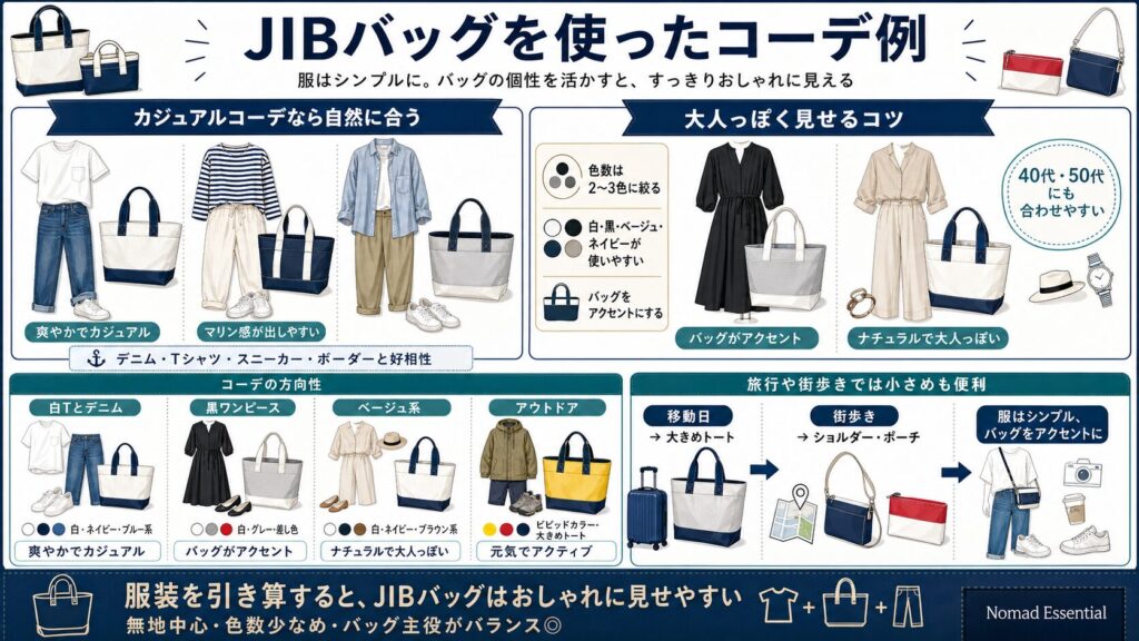 JIBのバッグを使ったコーデ例