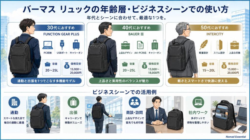 バーマス リュックの年齢層・ビジネスシーンでの使い方