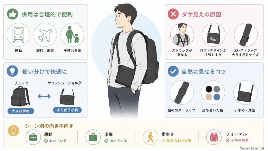 リュックとショルダー併用は変？