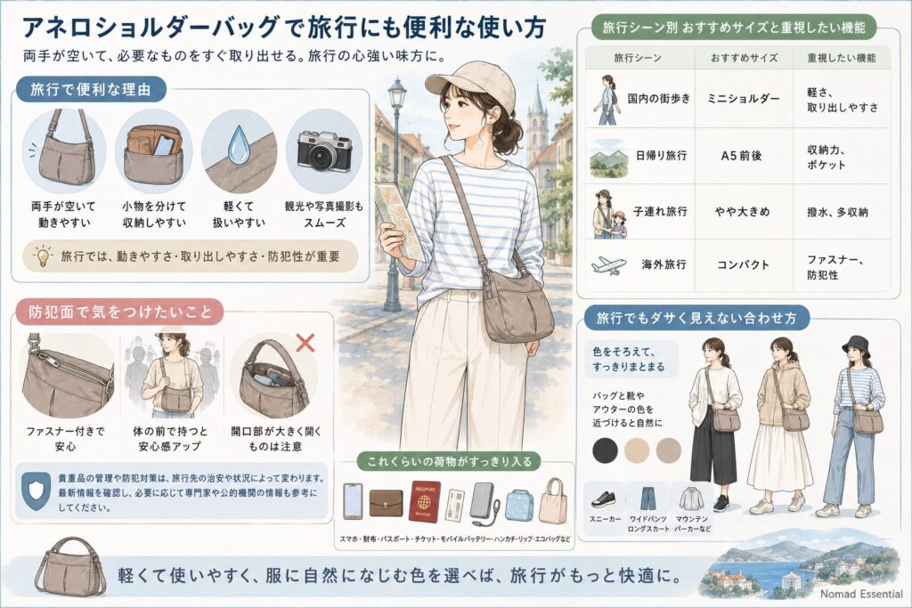 アネロショルダーバッグで旅行にも便利な使い方