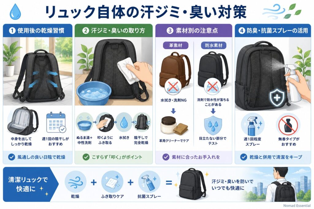 リュック自体の汗ジミ・臭い対策