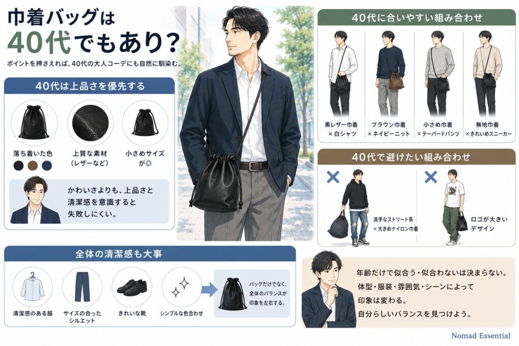 巾着バッグは40代でもあり？
