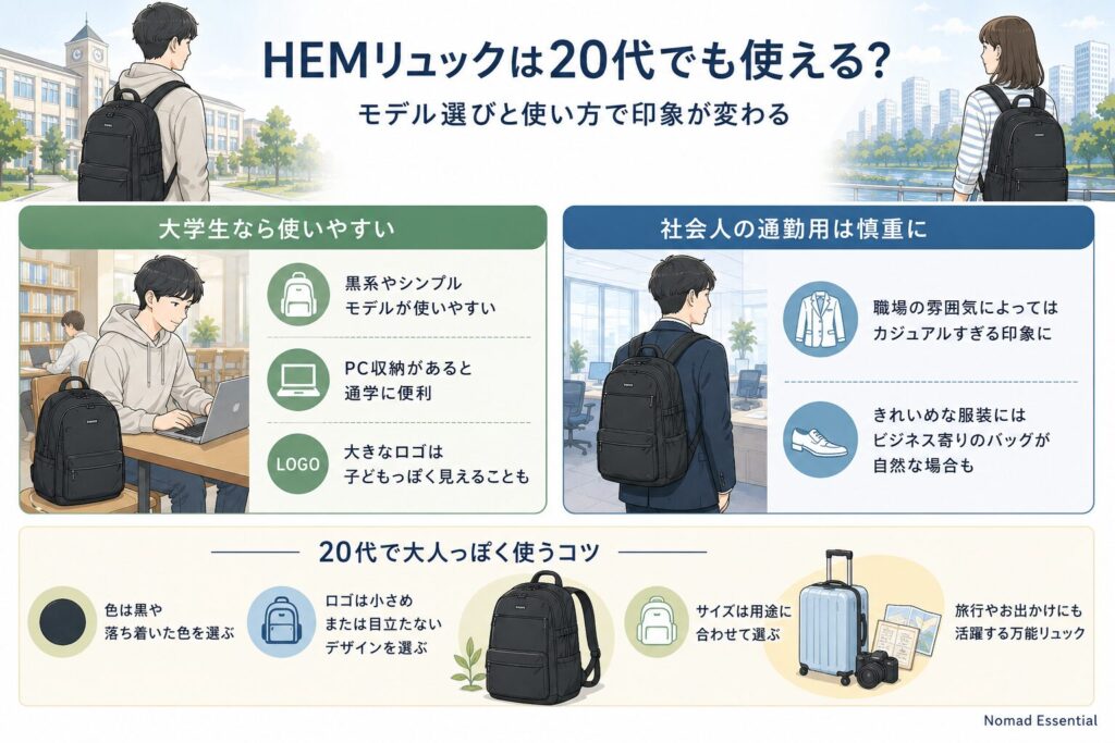 HEMリュックは20代でも使える？