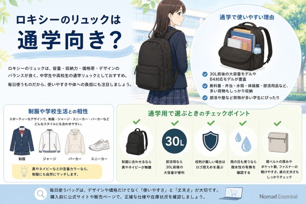 ロキシーのリュックは通学向き？