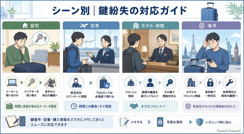 シーン別（自宅・空港・ホテル・海外）の鍵紛失対応