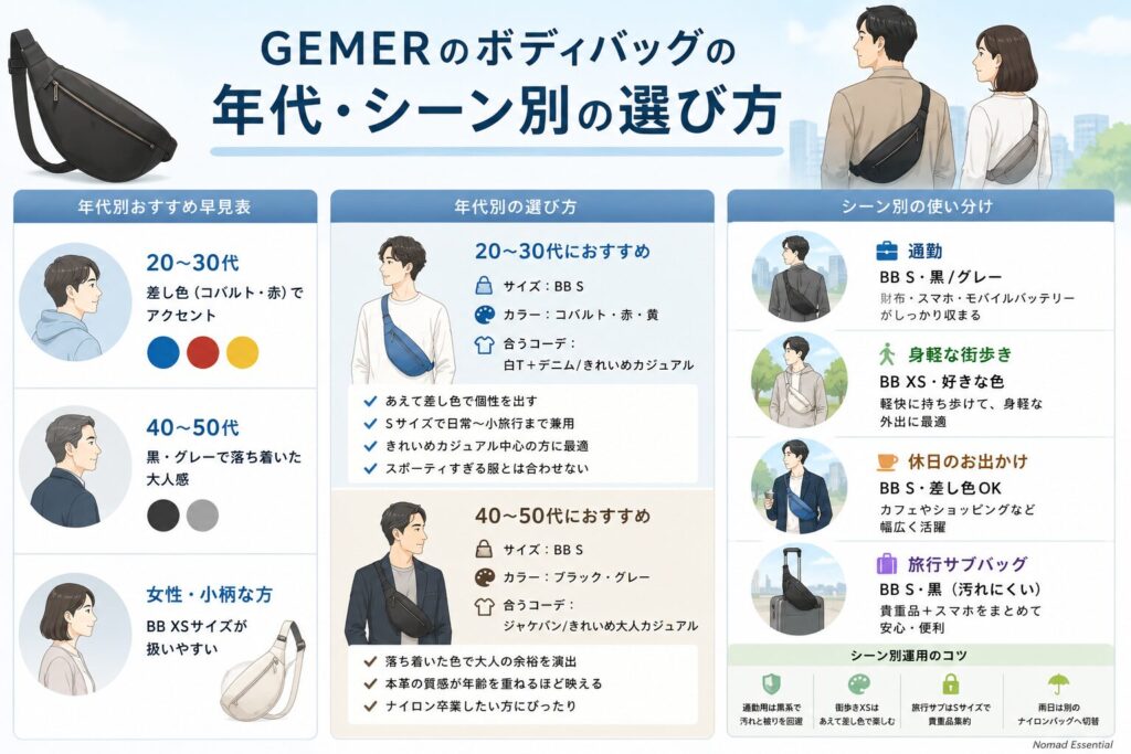 GEMERのボディバッグの年代・シーン別の選び方