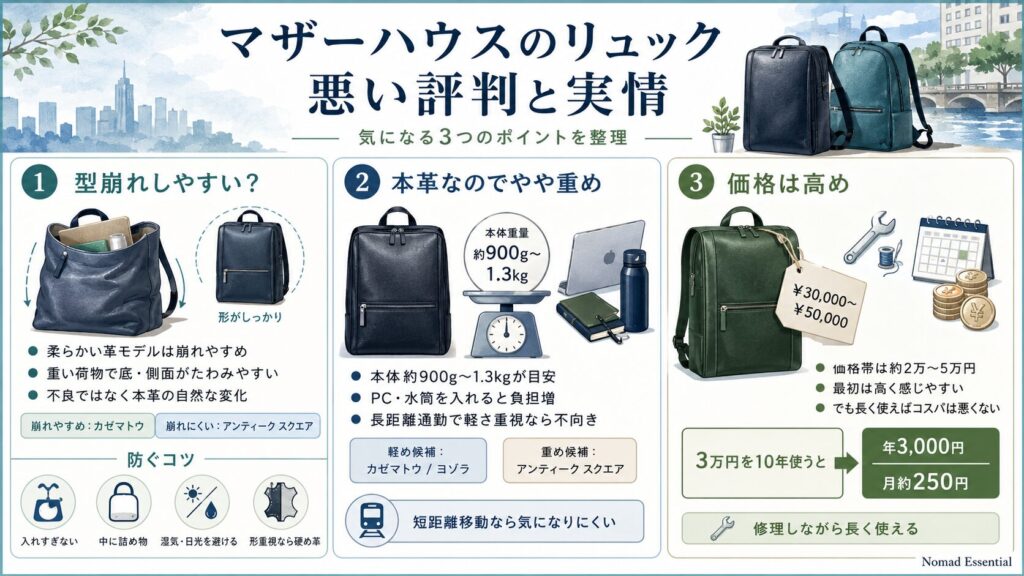 マザーハウスのリュックの悪い評判・型崩れの実情