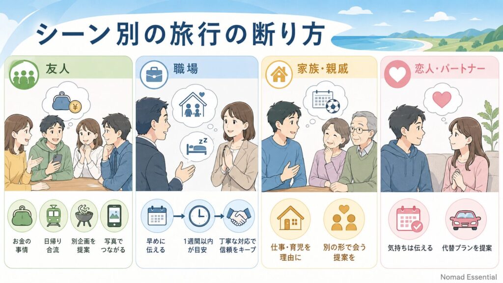 シーン別の旅行の断り方(友人・職場・家族・恋人)