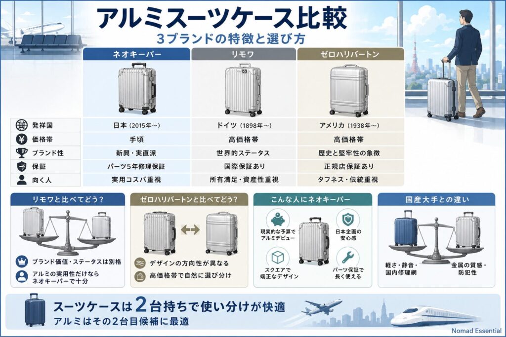 ネオキーパーと他アルミスーツケースブランドの比較