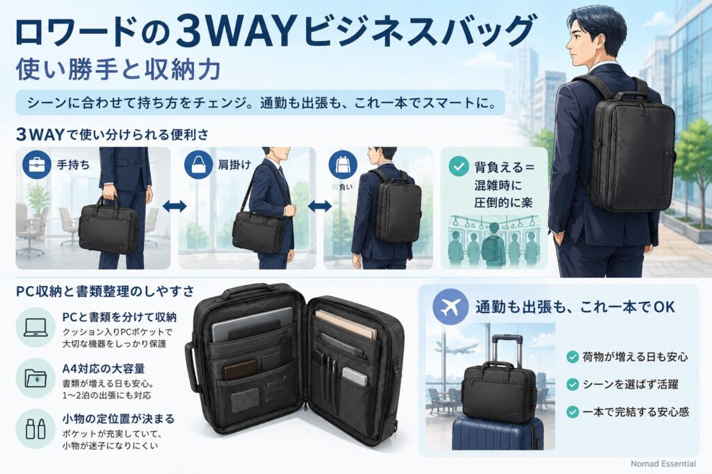 ロワードの3WAYビジネスバッグの使い勝手と収納力