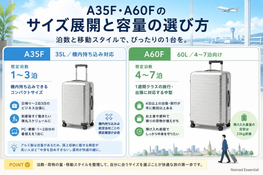 A35F・A60Fのサイズ展開と容量の選び方