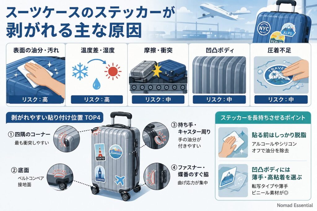 スーツケースのステッカーが剥がれる主な原因