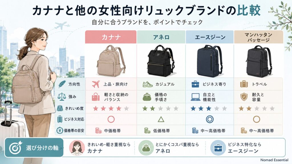カナナと他の女性向けリュックブランドの比較