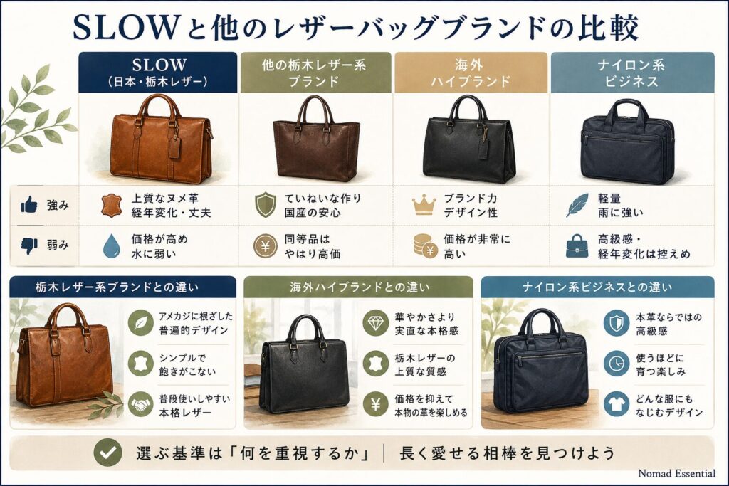 SLOWと他のレザーバッグブランドの比較