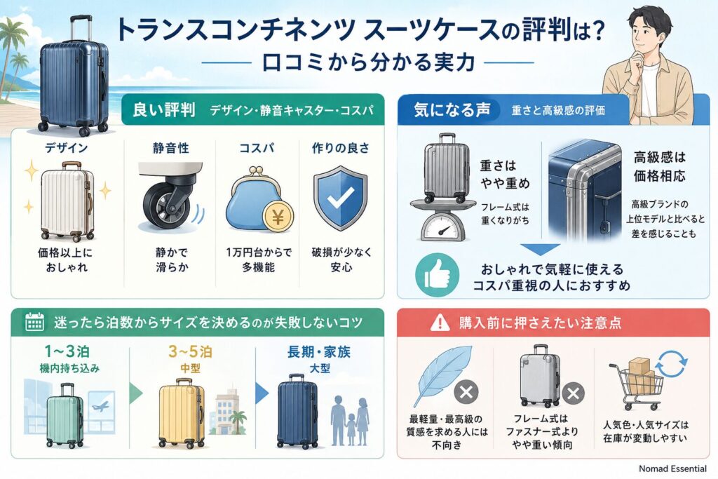 トランスコンチネンツ スーツケースの評判は？口コミから分かる実力