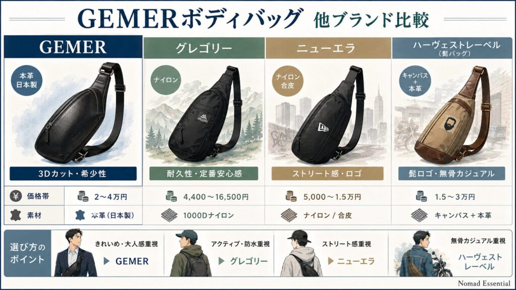 GEMERのボディバッグと他レザーボディバッグブランドの比較
