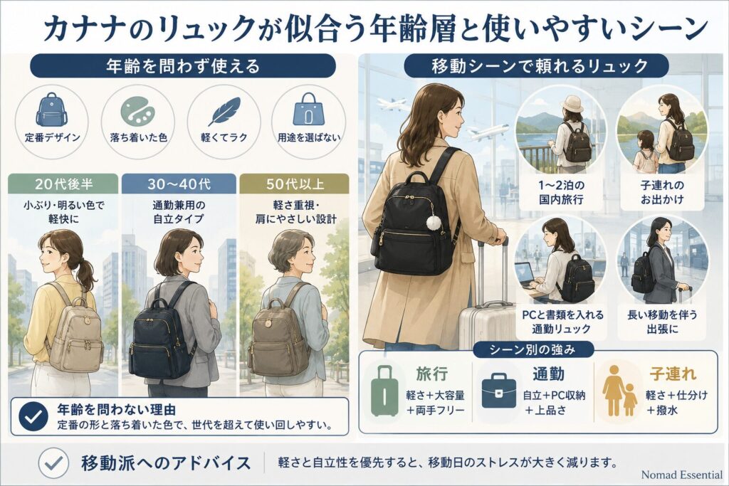カナナのリュックが似合う年齢層と使いやすいシーン
