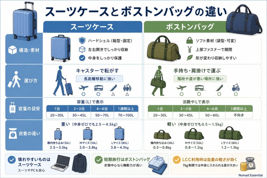 スーツケースとボストンバッグの基本的な違い