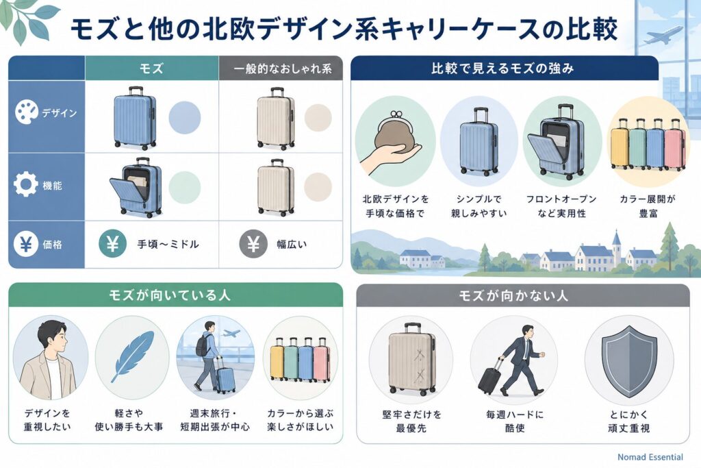 モズと他の北欧デザイン系キャリーケースの比較