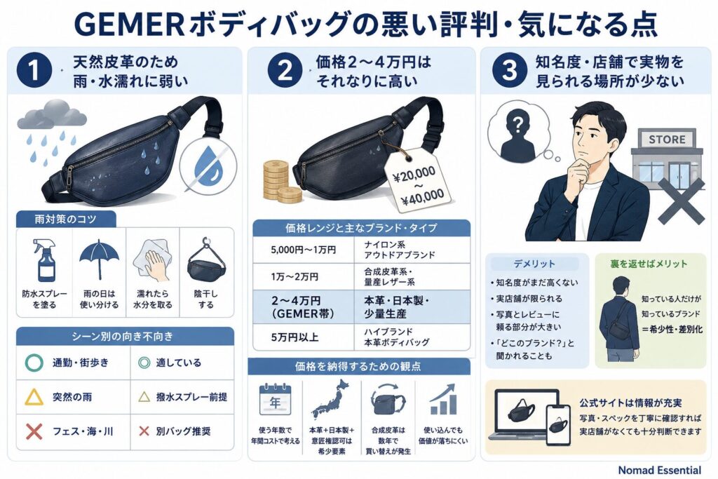 GEMERのボディバッグの悪い評判・気になる点