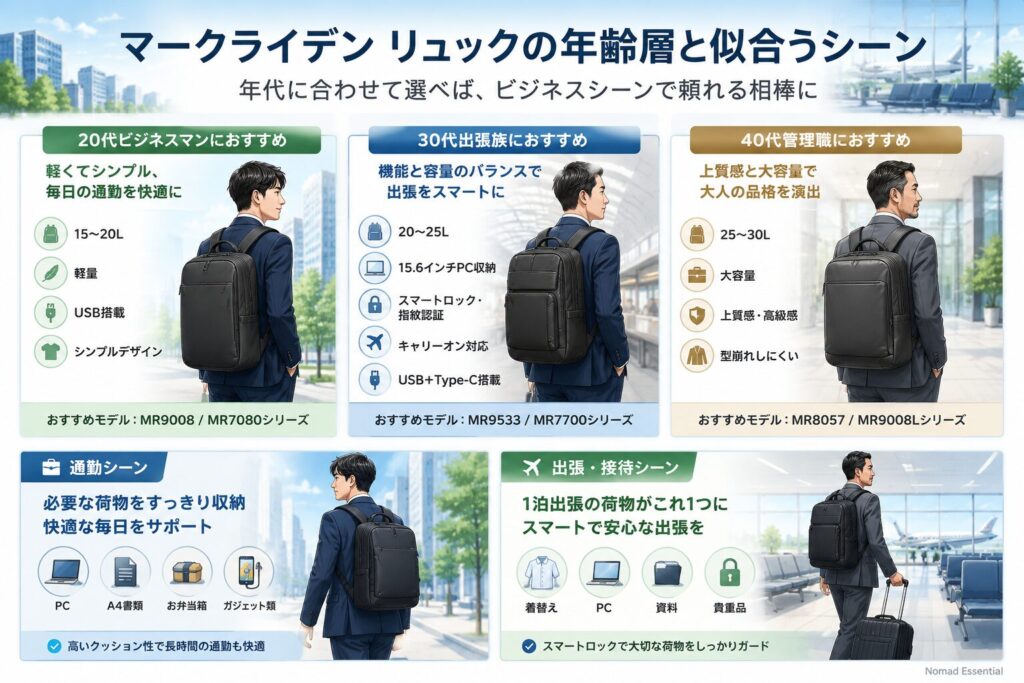 マークライデン リュックの年齢層と似合うシーン