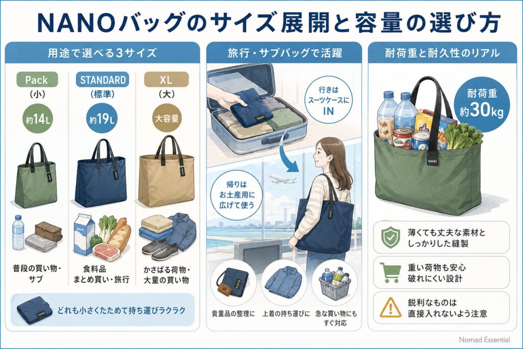 NANOバッグのサイズ展開と容量の選び方
