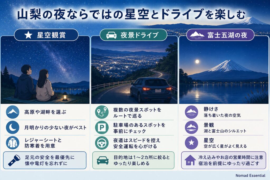 山梨の夜ならではの星空とドライブを楽しむ