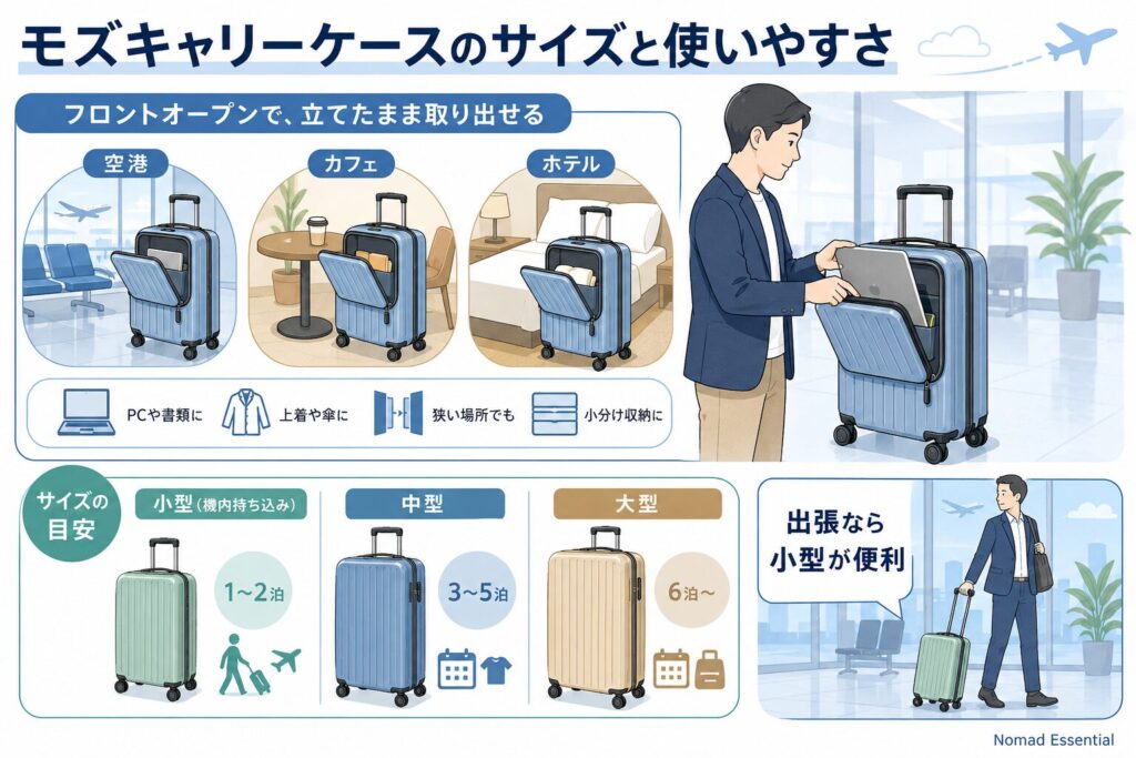 モズキャリーケースのサイズ展開とフロントオープンの使い勝手