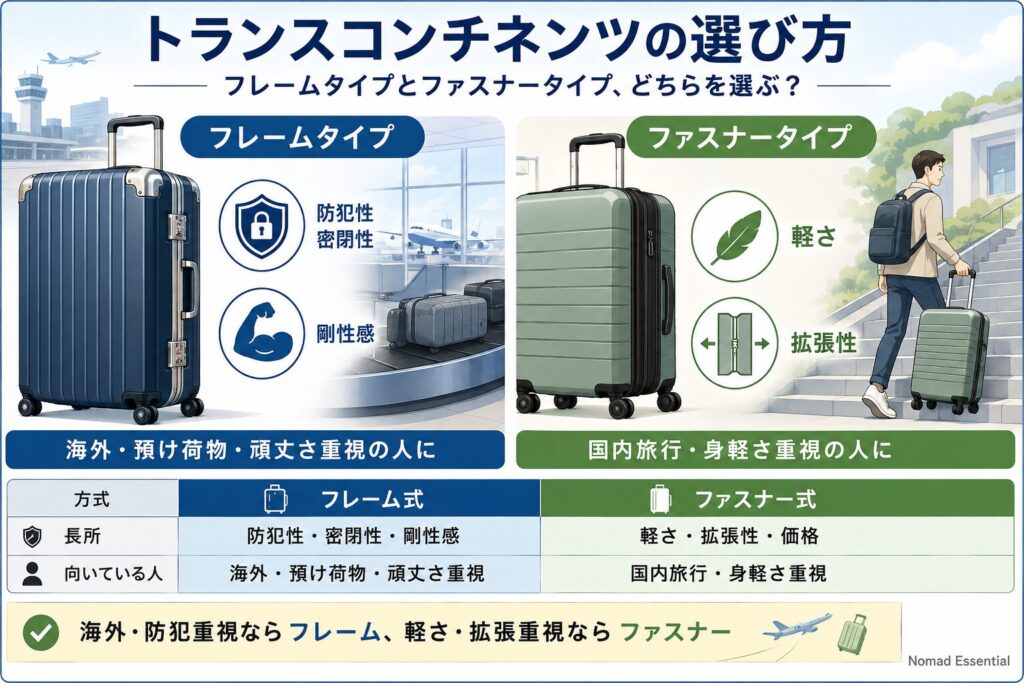 トランスコンチネンツのフレームタイプとファスナータイプの選び方