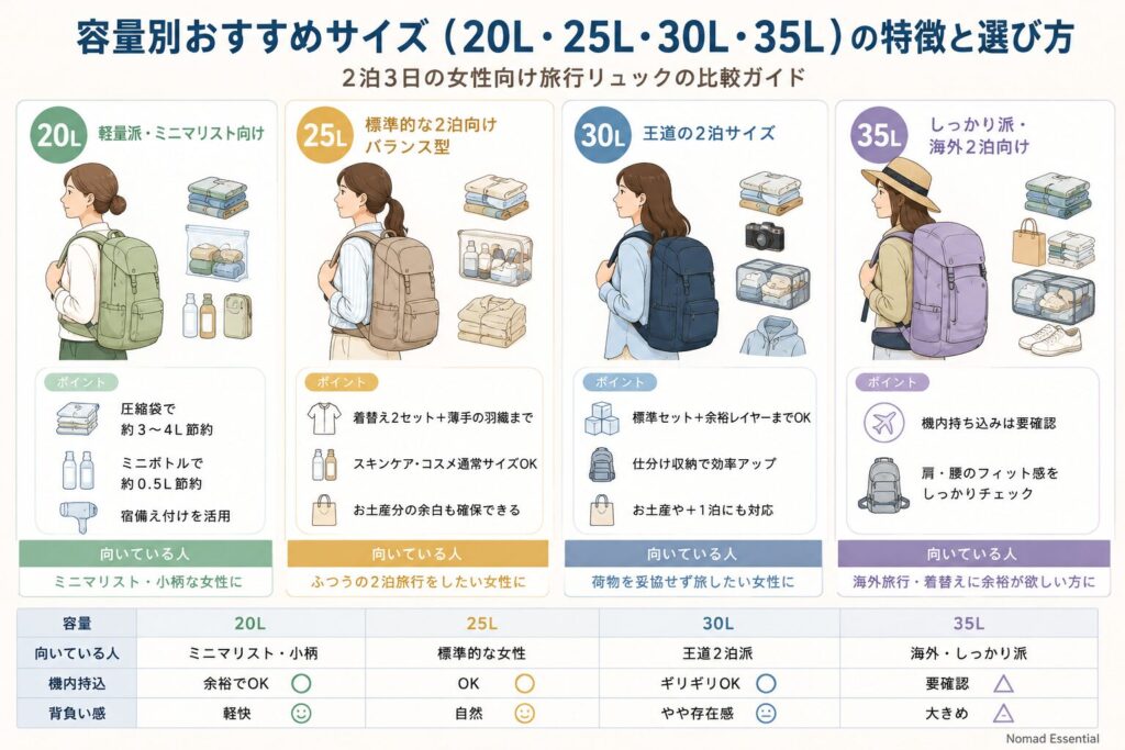 容量別おすすめサイズ(20L・25L・30L・35L)の特徴と選び方