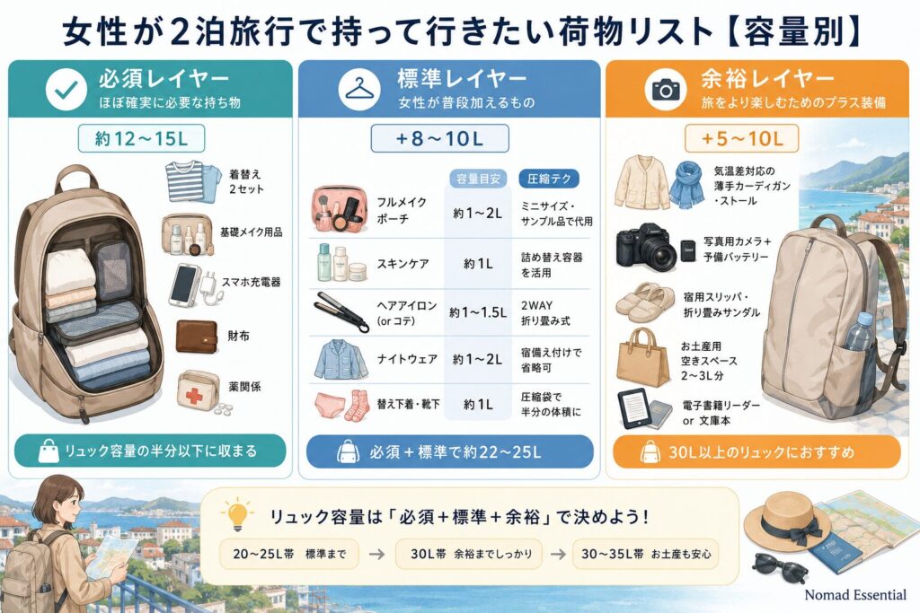 女性が2泊旅行で持って行きたい荷物リスト【容量別】
