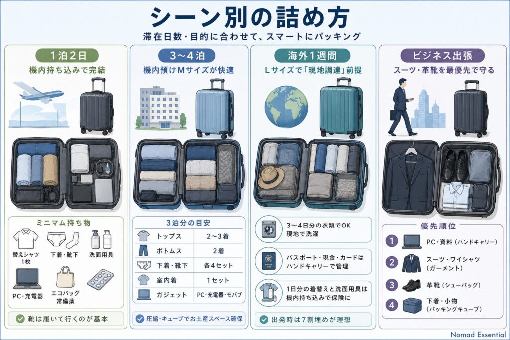 シーン別の詰め方（1泊/3泊/海外/出張など）