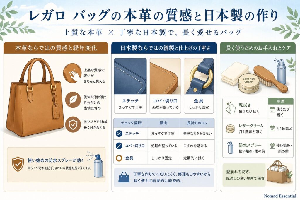 レガロ バッグの本革の質感と日本製の作り