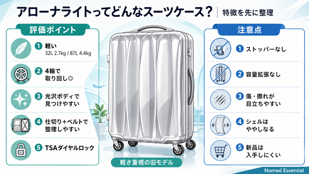 アローナライトはどんなスーツケース? 特徴を先に整理