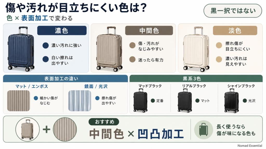 傷や汚れが目立ちにくい色は? 色 + 表面加工で判断