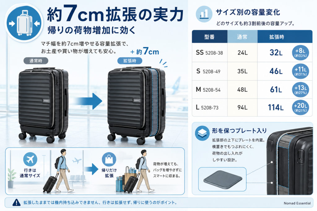 約7cm拡張の実力 — 帰りの荷物増加に効く