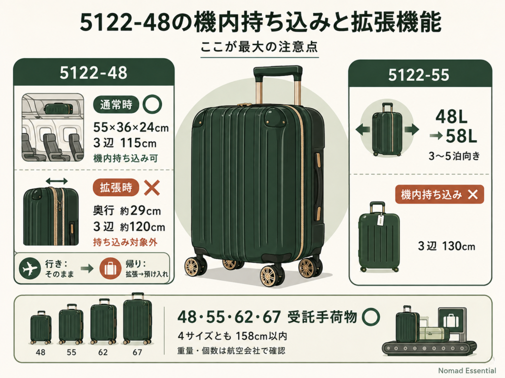 5122-48の機内持ち込みと拡張機能 — ここが最大の注意点