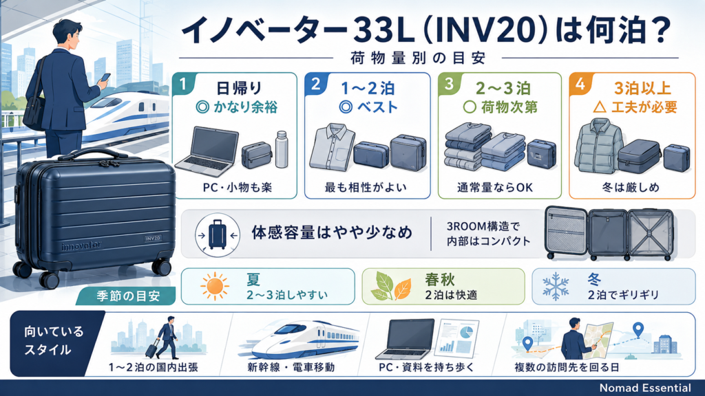 イノベーター33L (INV20) は何泊できる? 荷物量別の目安