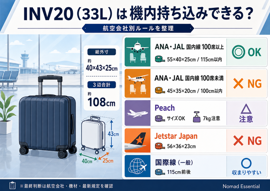 INV20 (33L) は機内持ち込みできる? 航空会社別ルールを整理