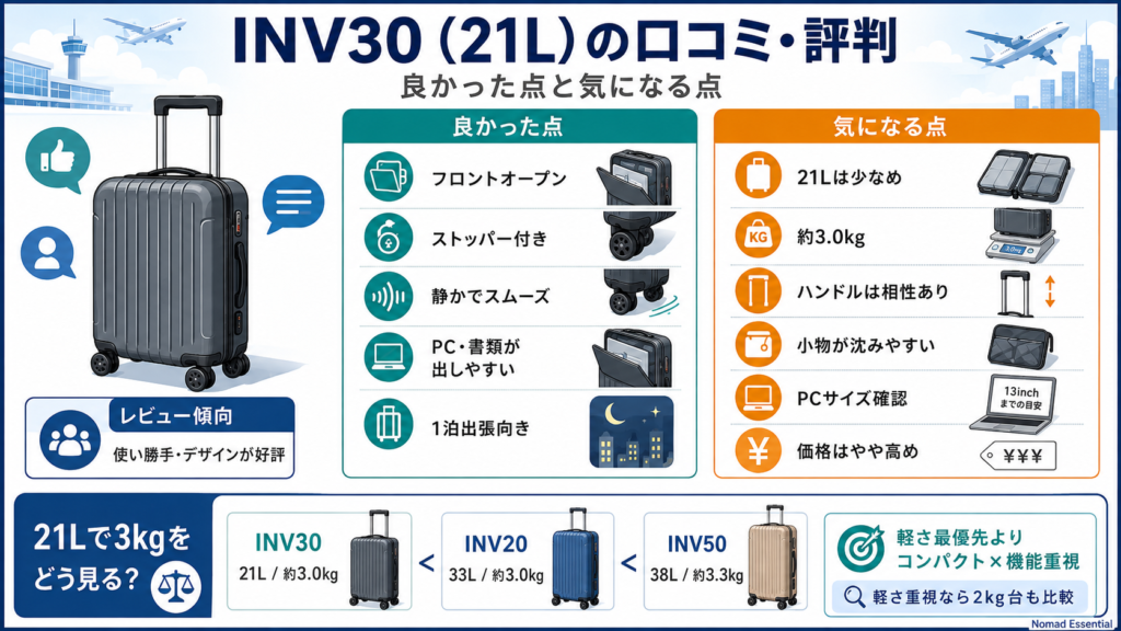 INV30 (21L) の口コミ・評判 — 良かった点と気になる点を整理