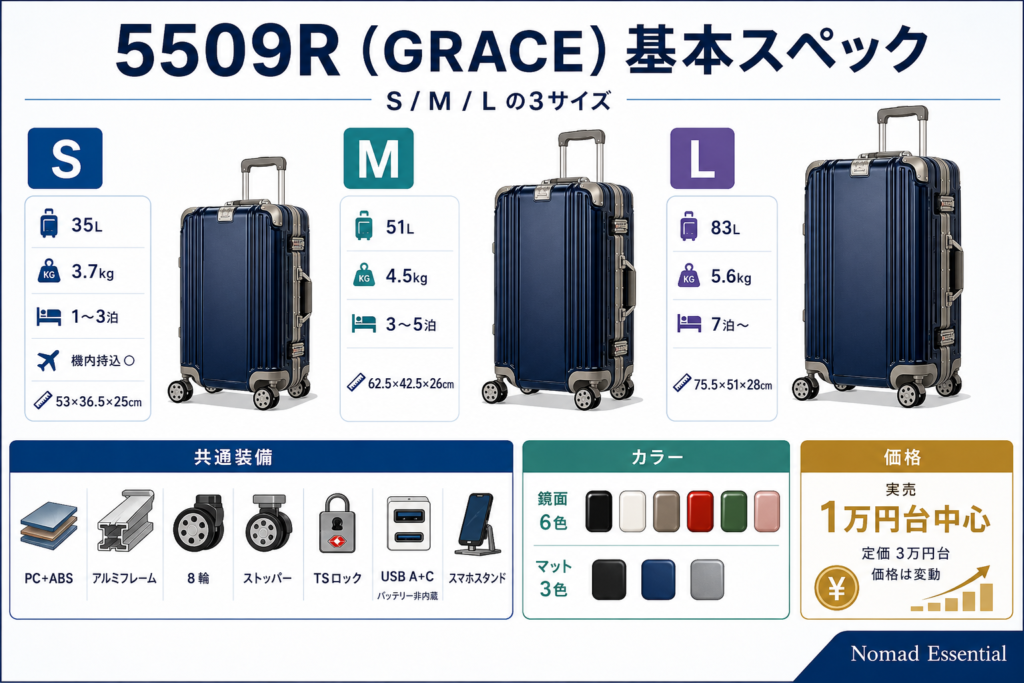 5509R (GRACE) の基本スペック — S/M/L 3サイズ