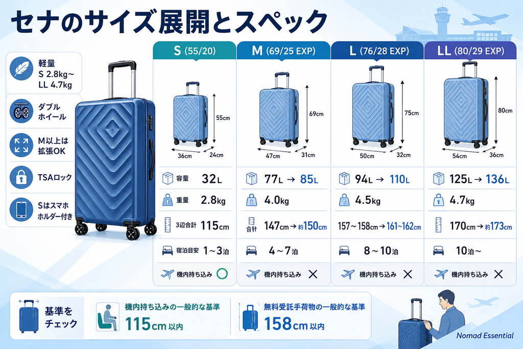 セナのサイズ展開とスペック