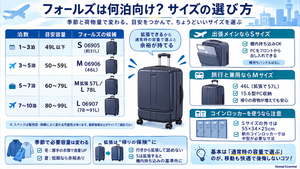 フォールズは何泊向け? サイズの選び方